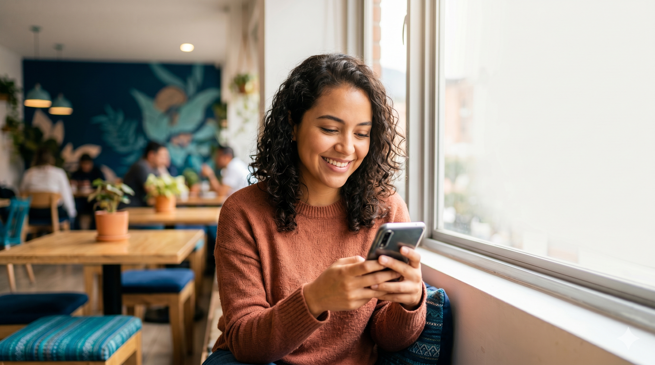 Asociada de Aurora Financiera usando la banca digital desde su celular